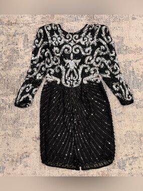 Vintage Sweelo Black Sequin Embellished Long Sleeve Cocktail Dress